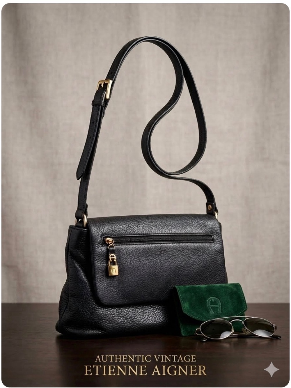 Vintage Etienne Aigner Black Pebbled Leather Crossbody
Shoulder Bag Purse Flap